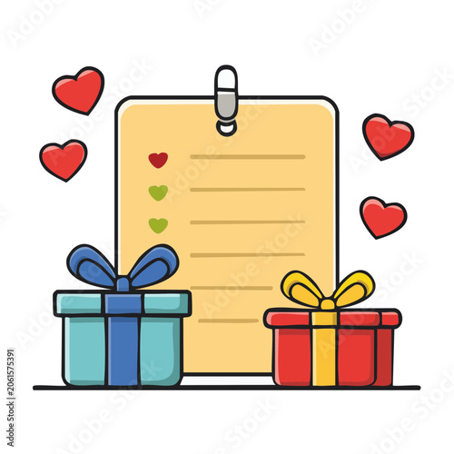 Gift list with hearts and gift boxes