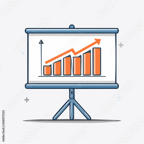 Presentation board with upward trending bar graph and arrow