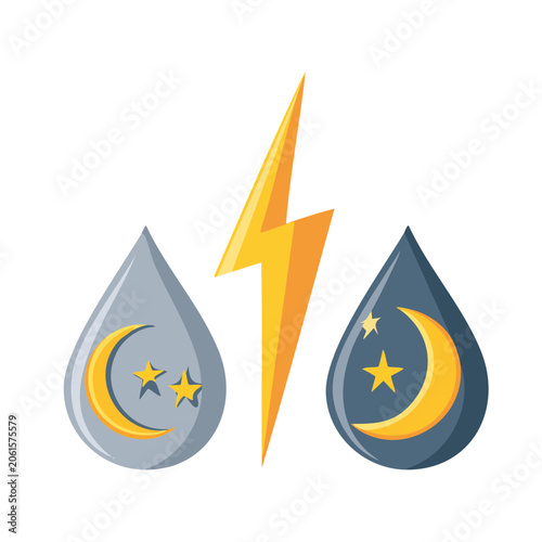 Water droplet with moon, stars and lightning bolt illustration