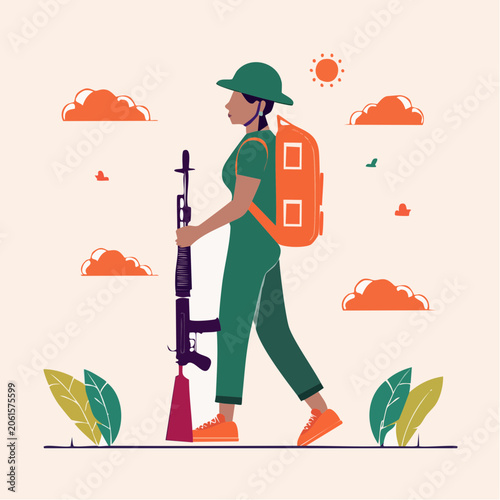 Woman Soldier with Rifle and Backpack Walking