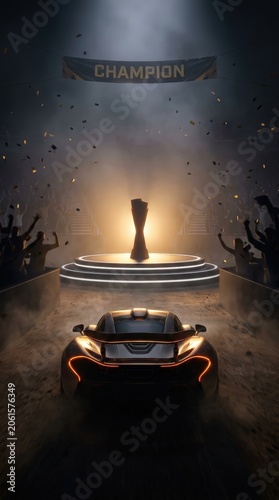 Sleek silver racing sports car driving toward a glowing championship trophy on a brightly lit podium in a massive stadium filled with cheering fans and falling confetti during the night.