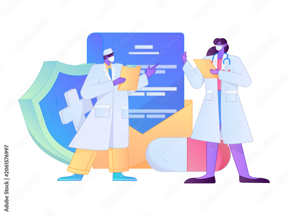 Fototapeta premium Medical characters fighting the epidemic flat vector concept operation hand drawn illustration 