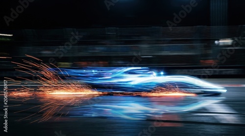 High speed racing car blurred in motion during a dark night race with bright blue light trails and glowing orange sparks flying from the chassis on the wet asphalt track