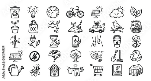 Vászonkép A vector asset sheet containing 35 cute hand-drawn doodle icons for eco-friendly lifestyle and green energy