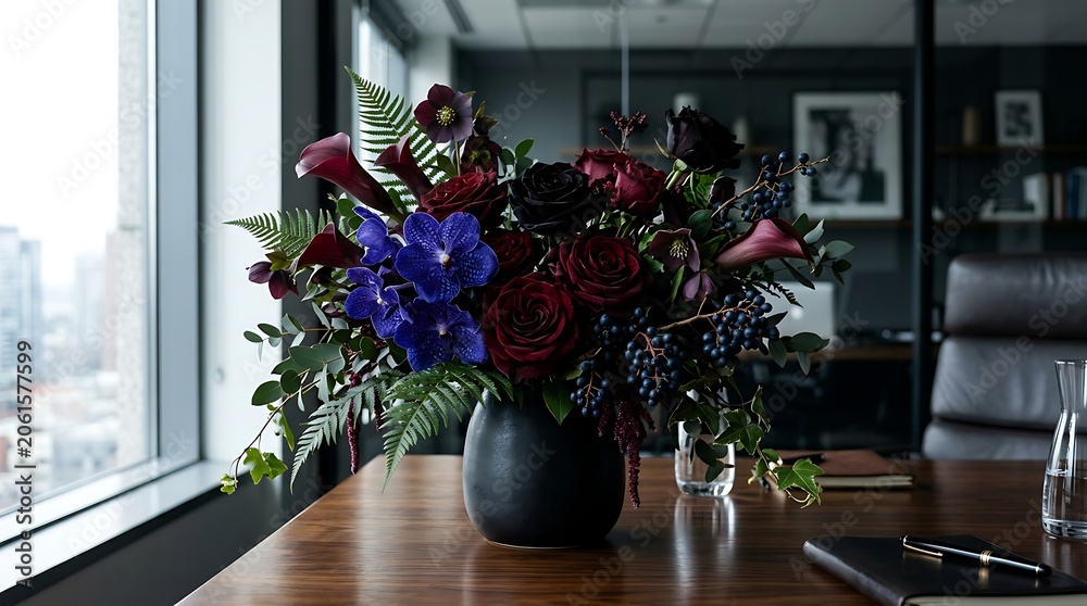 Fototapeta premium A beautiful bouquet of flowers on a wooden desk in an office setting with a city view