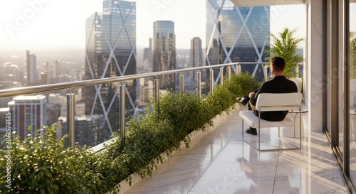 Man sitting on luxury high rise balcony overlooking city skyline