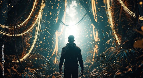 Man standing in a glowing magical forest at night