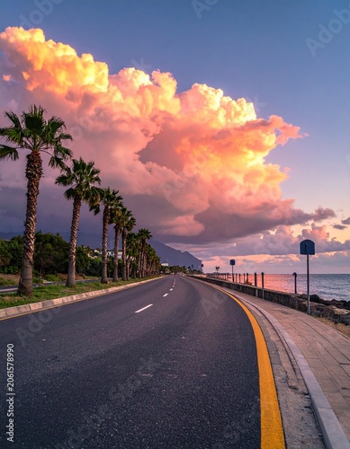 Coastal road lined with palm trees