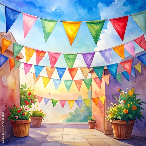 Colorful festive banners in sunlight