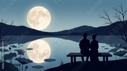 Couple Admiring Full Moon Reflection on Calm Lake During Mid-Autumn Festival