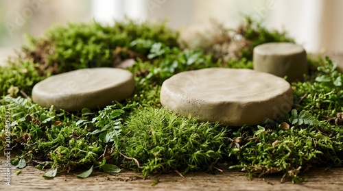Eco Friendly Packaging Background with Organic Clay Pedestals and Green Moss