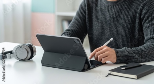 Man using digital tablet and stylus at white desk