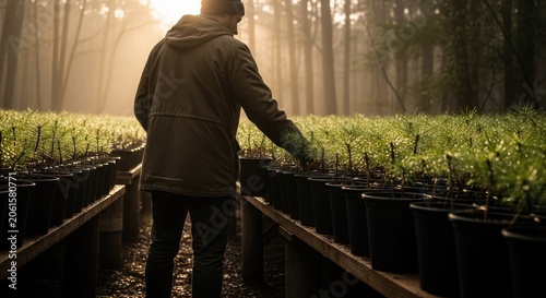 Man tending young pine saplings in forest nursery at sunrise