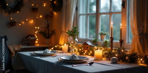Cozy cottage, illuminated garland, pristine table, adorable, serene