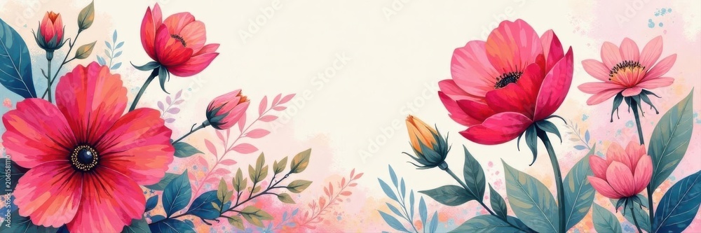 Fototapeta premium Cute floral abstract print, bold acrylic strokes, modern style, spring, design