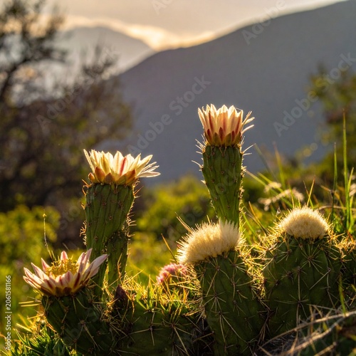 Desert plants bloom at sunset