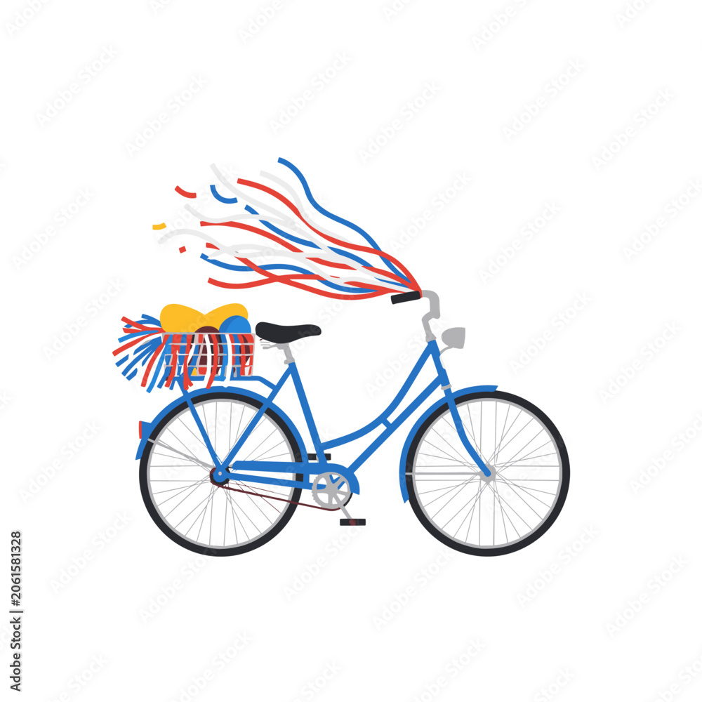 Fototapeta premium Blue vintage bicycle decorated with patriotic ribbons and a basket of flowers.