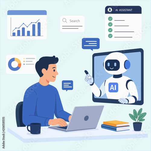 AI Assistant for Productivity – Flat Vector Illustration of Human and Artificial Intelligence Collaboration