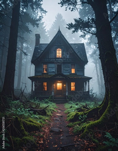 Eerie house in foggy woods