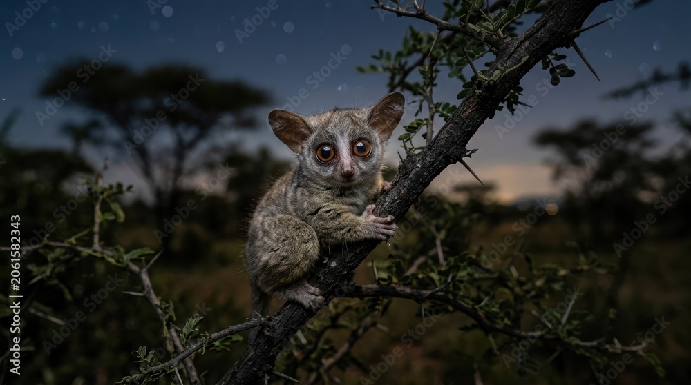 Fototapeta premium Adorable nocturnal lemur perched on thorny tree branch