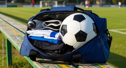 Soccer Ball and Gear in Open Duffel Bag on Sports Field Bench