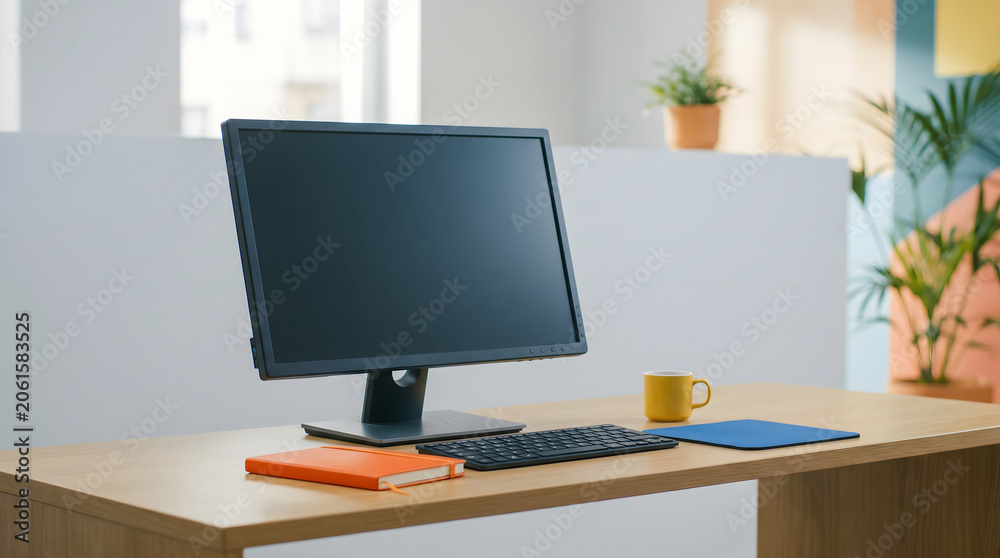 Fototapeta premium Wooden office desk with computer monitor keyboard notebook and coffee cup in modern workspace