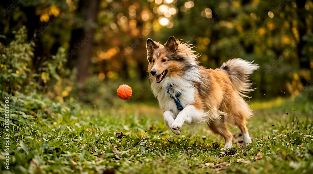 Obraz premium Happy shetland sheepdog running to catch an orange ball in a sunny green park during autumn