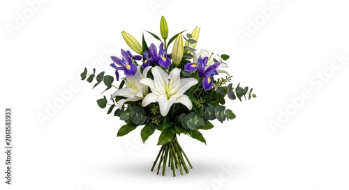 A beautiful, elegant flower bouquet is arranged against a plain white background. The bouquet features white lilies, deep blue irises, and purple hydrangeas, accented with green eucalyptus leaves.