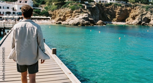 Man walking on wooden pier towards turquoise mediterranean bay