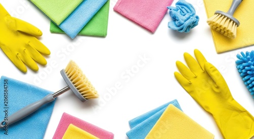 A white background displays a collection of cleaning supplies.