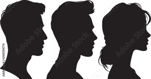 Tableau sur toile A compelling group of three adult head silhouettes, featuring two men with distinct hairstyles and one woman with a sleek ponytail, all in side profile, representing diverse adult identities