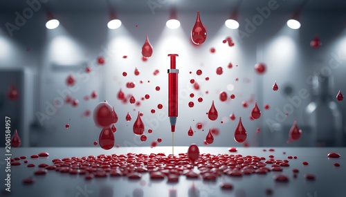 A medical syringe surrounded by floating blood drops in a sterile environment.