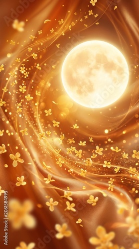 Mid-Autumn Festival Moonlit Night with Falling Petals and Swirling Lights