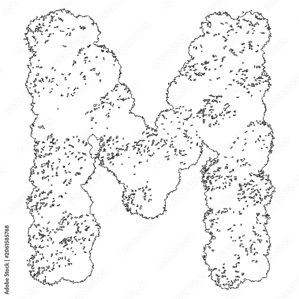 Obraz premium Abstract letter n created from messy chaotic lines and particles on transparent grid.