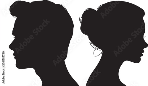 Foto An impactful illustration showing black silhouettes of a man and a woman with a high bun, positioned back to back, representing emotional distance and the concept of turning away from each other