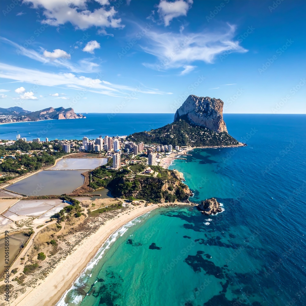 Obraz premium Aerial view of a coastal town with a sandy beach, clear turquoise water, and a prominent rock formation
