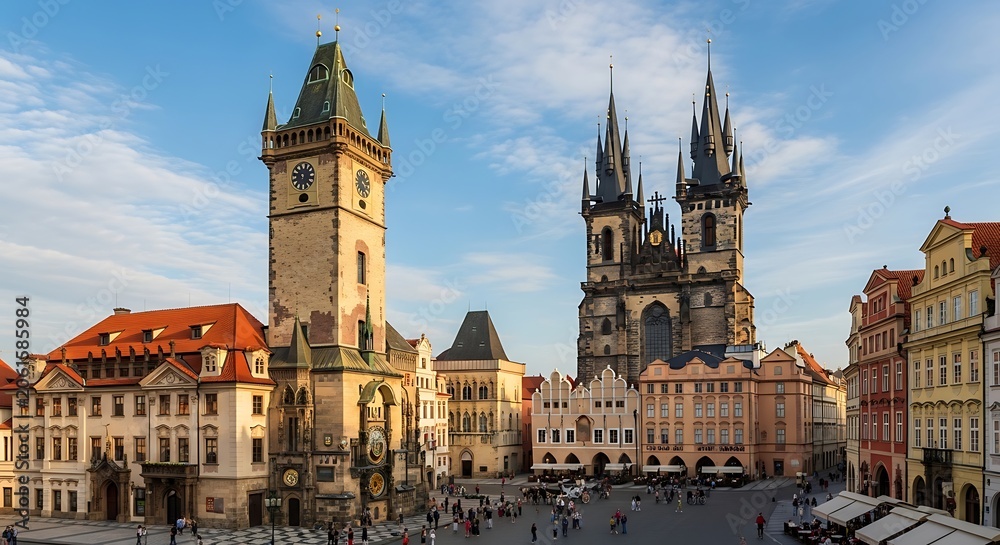 Fototapeta premium Historic european architecture with clock tower and gothic church facade