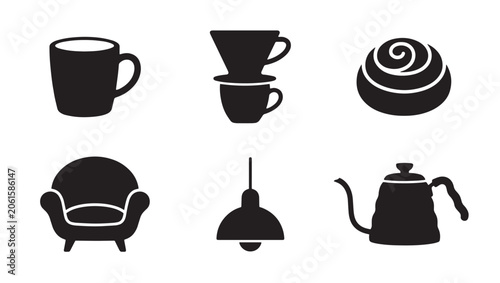 Set of modern cafe and interior decor icons featuring coffee brewing equipment and lounge chair interior equipment lifestyle furniture beverage gooseneck cinnamon illustration collection