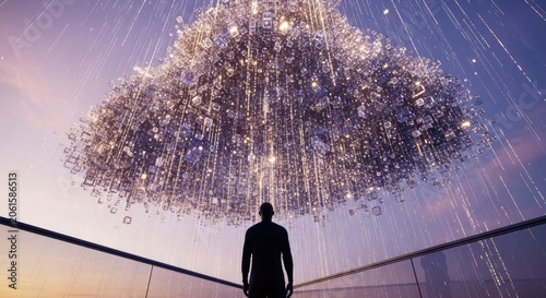 Man watching massive digital data cloud with falling light trails