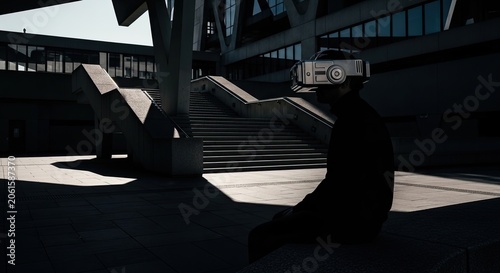 Man wearing VR headset in modern concrete urban setting