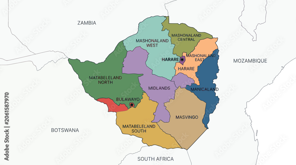 Fototapeta premium Zimbabwe Provinces Map: Administrative Divisions, Capitals, Borders, Geography