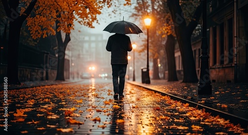 Man with umbrella walking on wet autumn street at night