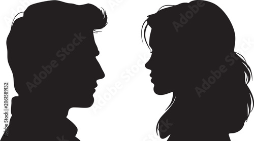Obraz na płótnie Two profile silhouettes, one male and one female, are positioned side-by-side, looking towards each other with clear separation on a white backdrop