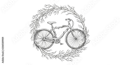 Hand-drawn bicycle framed by whimsical branches, artistic sketch, natural design