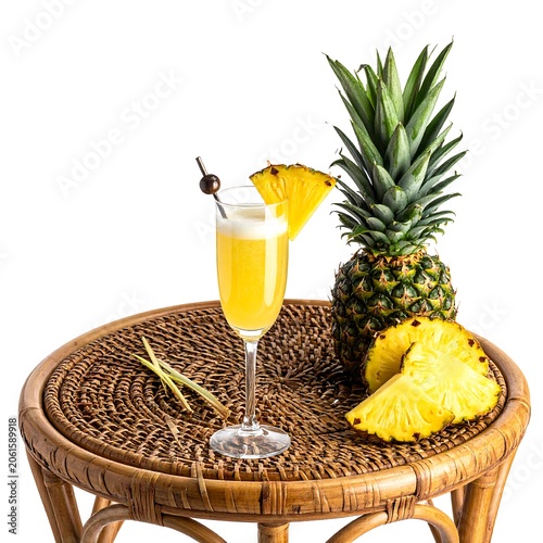 A refreshing cocktail on a wicker table with pineapple and slices