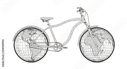 Bicycle with Earth Globes for Wheels - Global Travel and Eco-Friendly Transport Concept