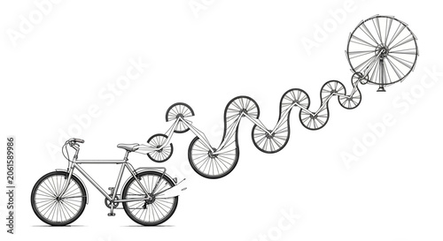 Creative bicycle transforming into winding path with wheels, abstract concept
