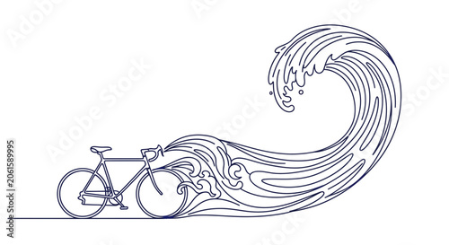 Bicycle riding through a stylized ocean wave, line art, concept of movement and nature