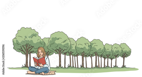 Young woman reading book in park, trees background, peaceful outdoor leisure