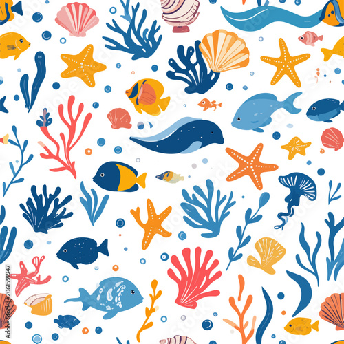 Seamless ocean pattern vector featuring seashells, starfish, coral reefs, tropical fish, ocean waves and seaweed